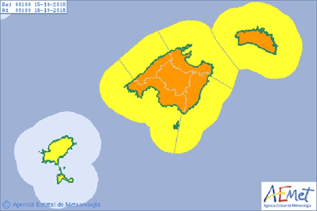 Riesgo amarillo por lluvias y fenómenos costeros para el sábado en Mallorca y Menorca