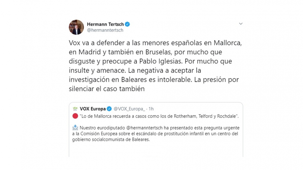 El eurodiputado de VOX Hermann Tertsch lleva el escándalo de los menores tutelados prostituidos a Europa