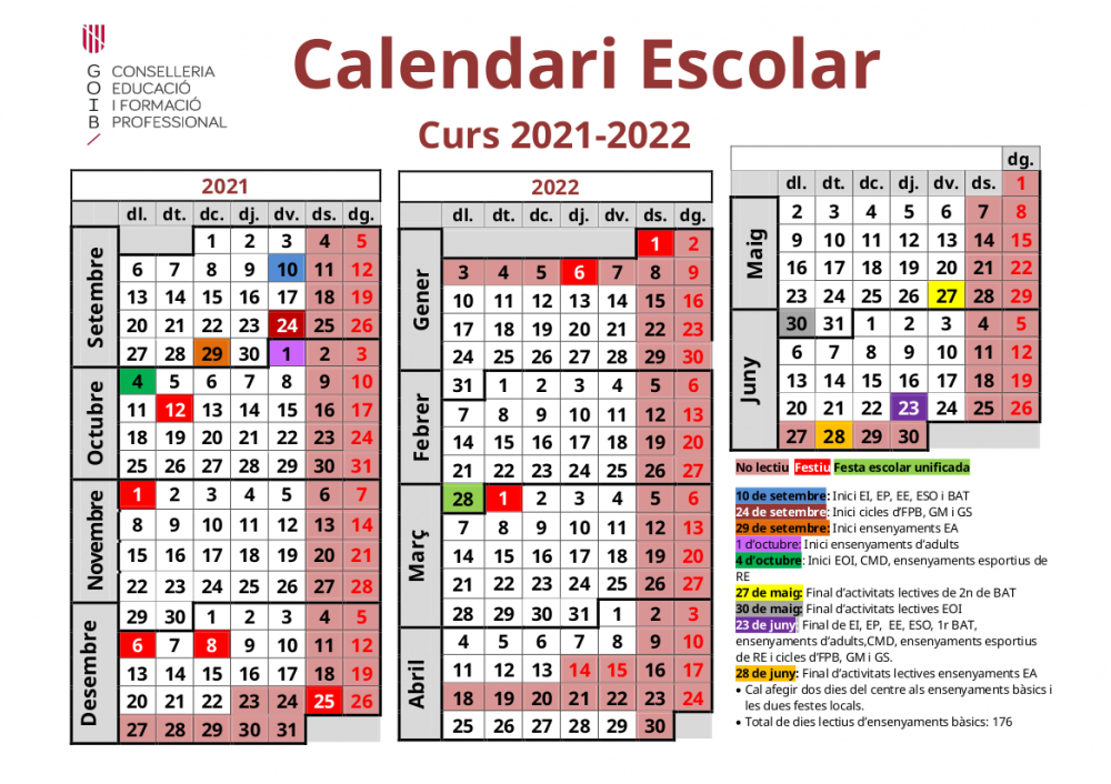 El curso escolar 2021-2022 empezará día 10 de septiembre y acabará el 23 de junio