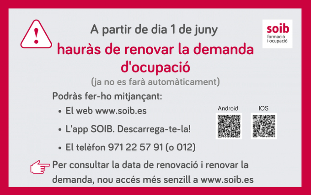 A partir del 1 de junio la demanda de empleo del SOIB se tendrá que volver a renovar personalmente