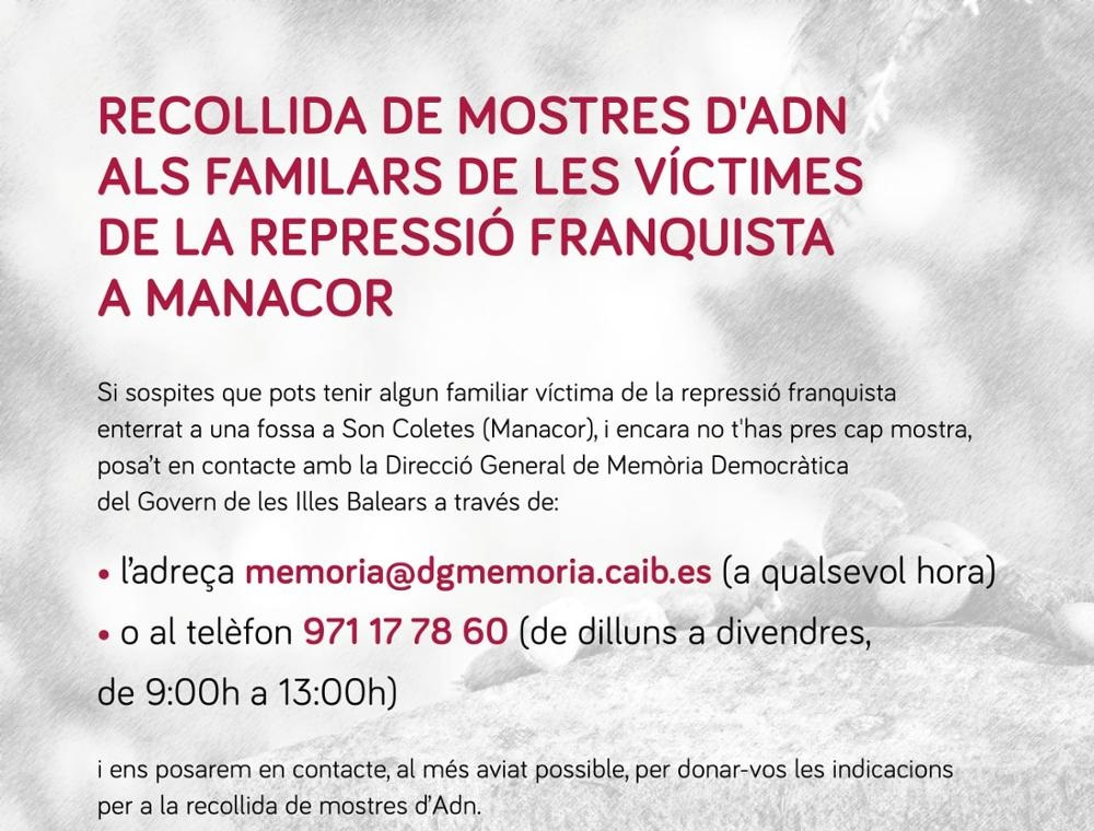 Nuevo llamamiento para recoger muestras de ADN a los familiares de las víctimas de la represión franquista en Manacor 