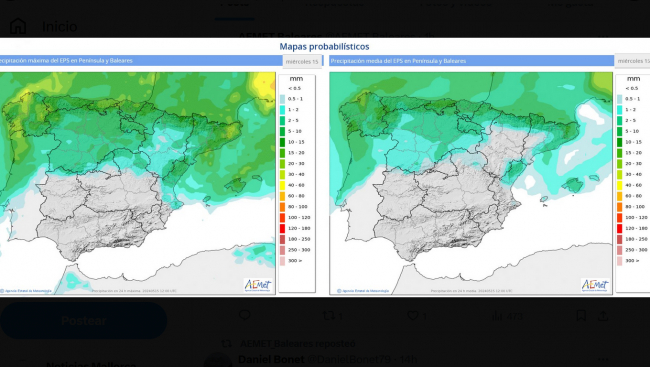 Hoy miércoles lluvias y chubascos en Menorca y norte de Mallorca, donde no se descarta que sean localmente fuertes por la tarde 