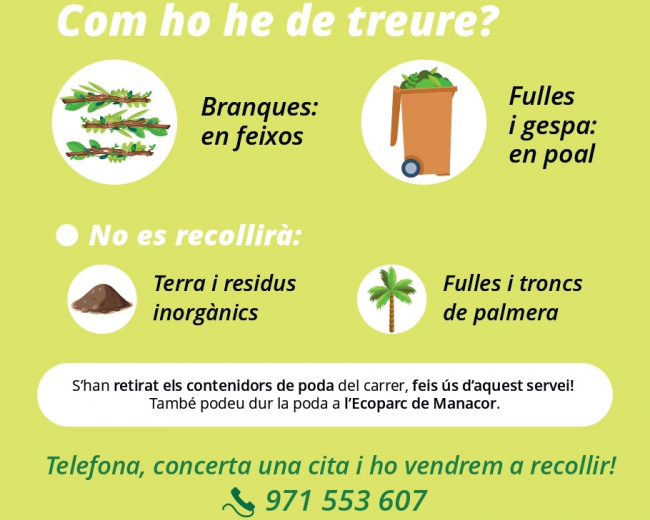 El Ayuntamiento de Manacor pone en marcha un nuevo servicio de recogida de poda a domicilio en Porto Cristo y s'Illot