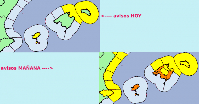 Aviso por fuertes lluvias en Baleares este martes y miércoles