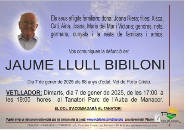 L'Ajuntament de Manacor declara dos dies de dol oficial per la mort de Jaume Llull Bibiloni