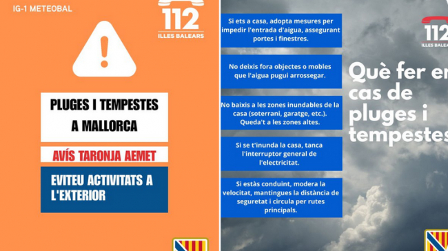 Activado Índice de Gravedad 1 (IG-1) del Plan Meteobal (alerta naranja) por lluvias y tormentas en Mallorca