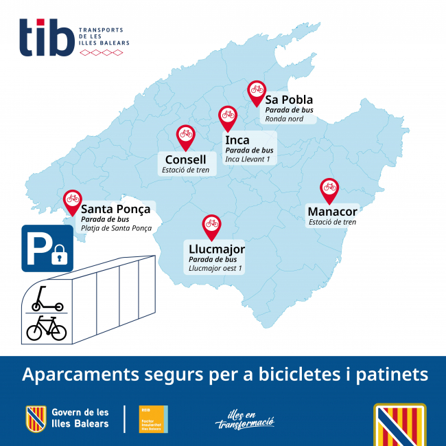 Aparcamientos seguros para bicicletas y patinetes en Inca, Sa Pobla, Llucmajor, Manacor, Consell y Calvià junto a paradas de autobús del TIB o estaciones de tren