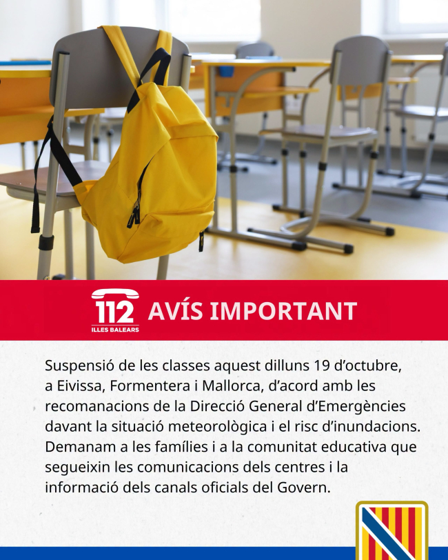 Demà, dilluns 19 d’octubre, se suspenen les classes a Eivissa, Formentera i Mallorca